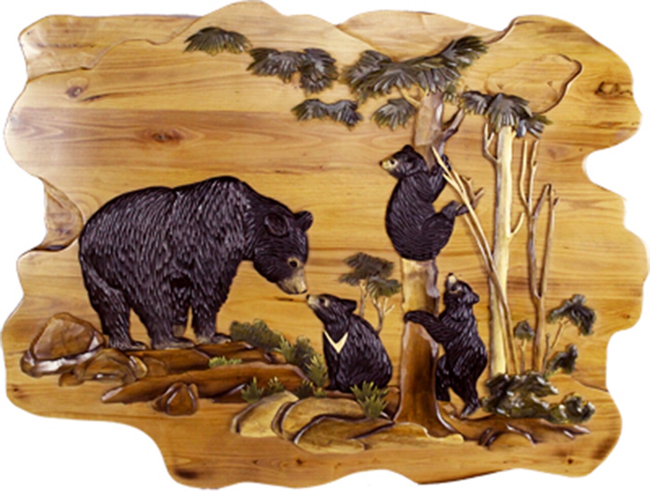 Bear Cubs in Forest Hand Crafted Intarsia Wood Art Wall Hanging 30 X 38 X 2.5